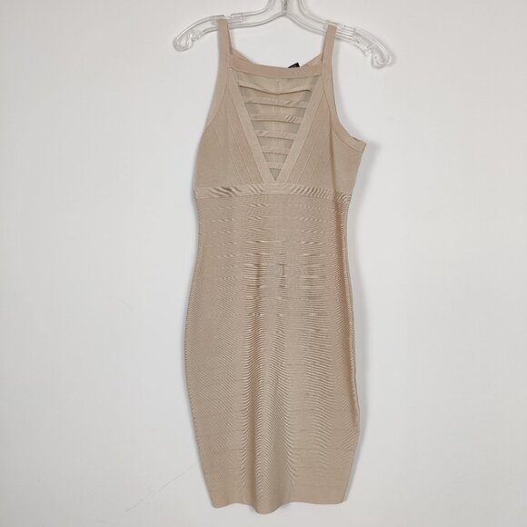 Marciano LA Women's Mini Dress Size L Beige Bandage Bodycon Square Neck Deep V - Picture 1 of 11